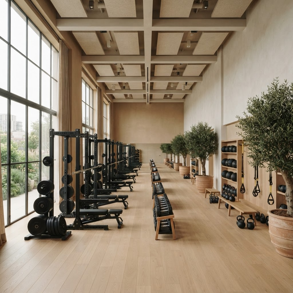 Strength training floor at Velocity Gym & Wellness in Corona, CA, with premium racks, pale oak flooring, and floor-to-ceiling windows