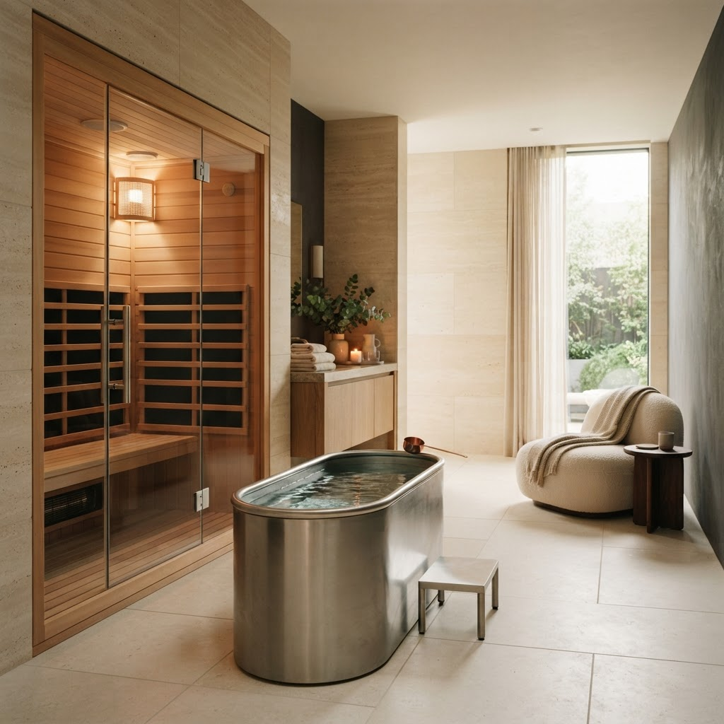 Recovery lounge in Corona, CA featuring a cedar infrared sauna and stainless steel cold plunge at Velocity Gym & Wellness