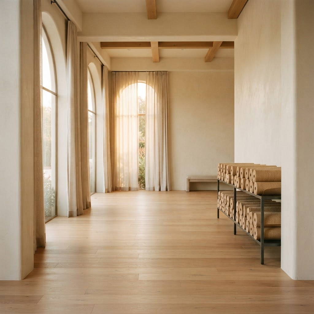 Heated yoga studio in Corona, CA with warm oak floors, arched windows, and rolled yoga mats at Velocity Gym & Wellness